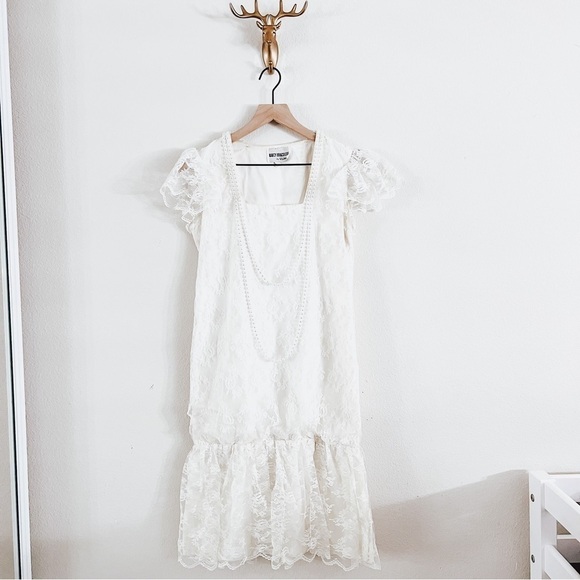 Nancy Bracoloni Vintage Women's Off White Mesh Dress w/ Beaded Necklace Size 8 - Picture 1 of 10